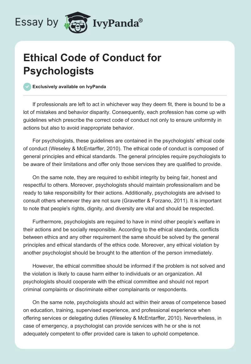 Ethical Code of Conduct for Psychologists. Page 1