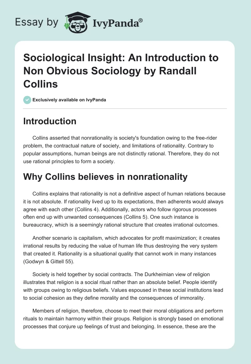 Sociological Insight: An Introduction to Non Obvious Sociology by Randall Collins. Page 1