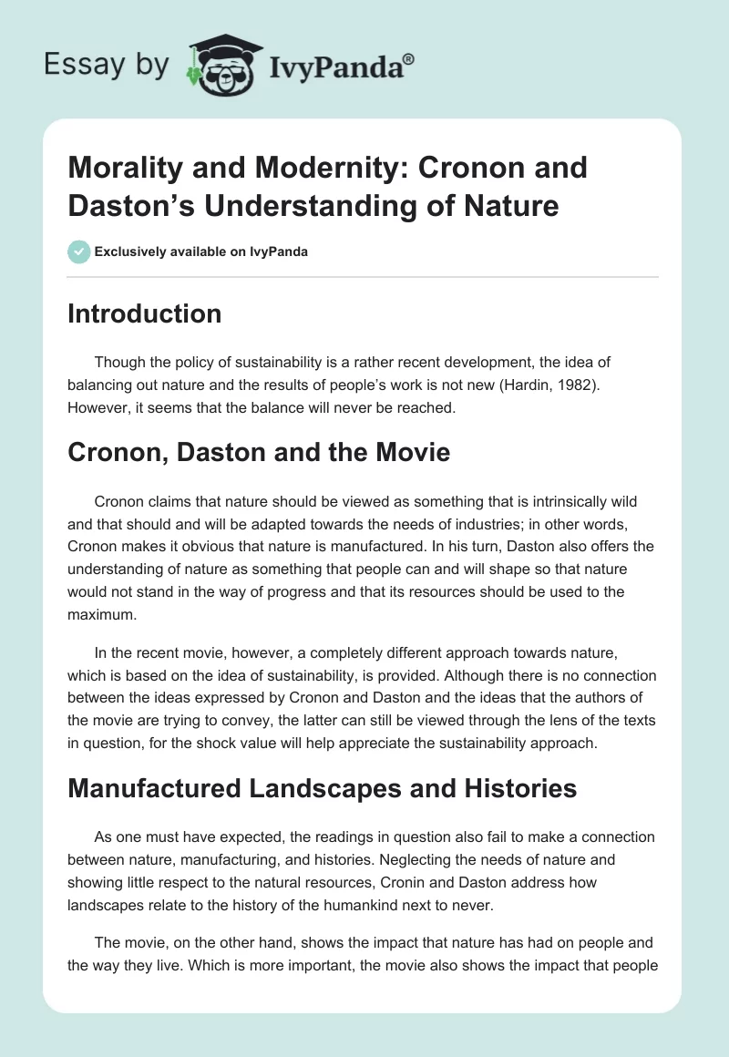 Morality and Modernity: Cronon and Daston’s Understanding of Nature. Page 1