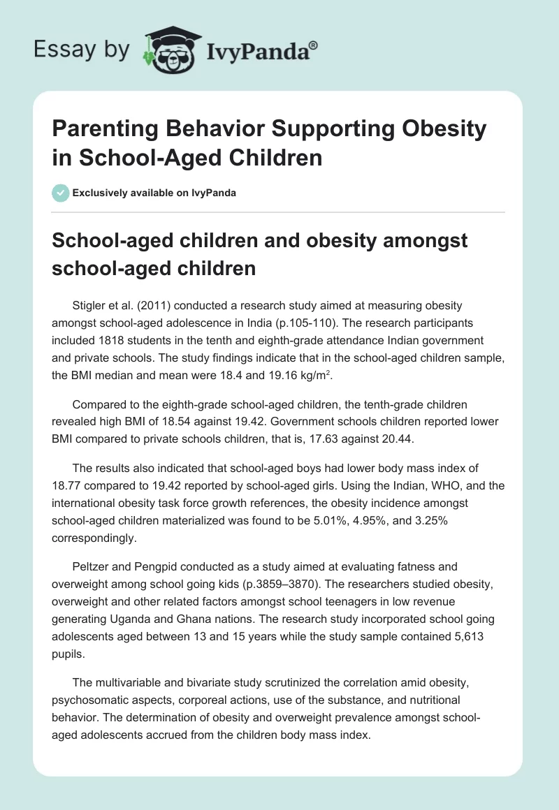 Parenting Behavior Supporting Obesity in School-Aged Children. Page 1