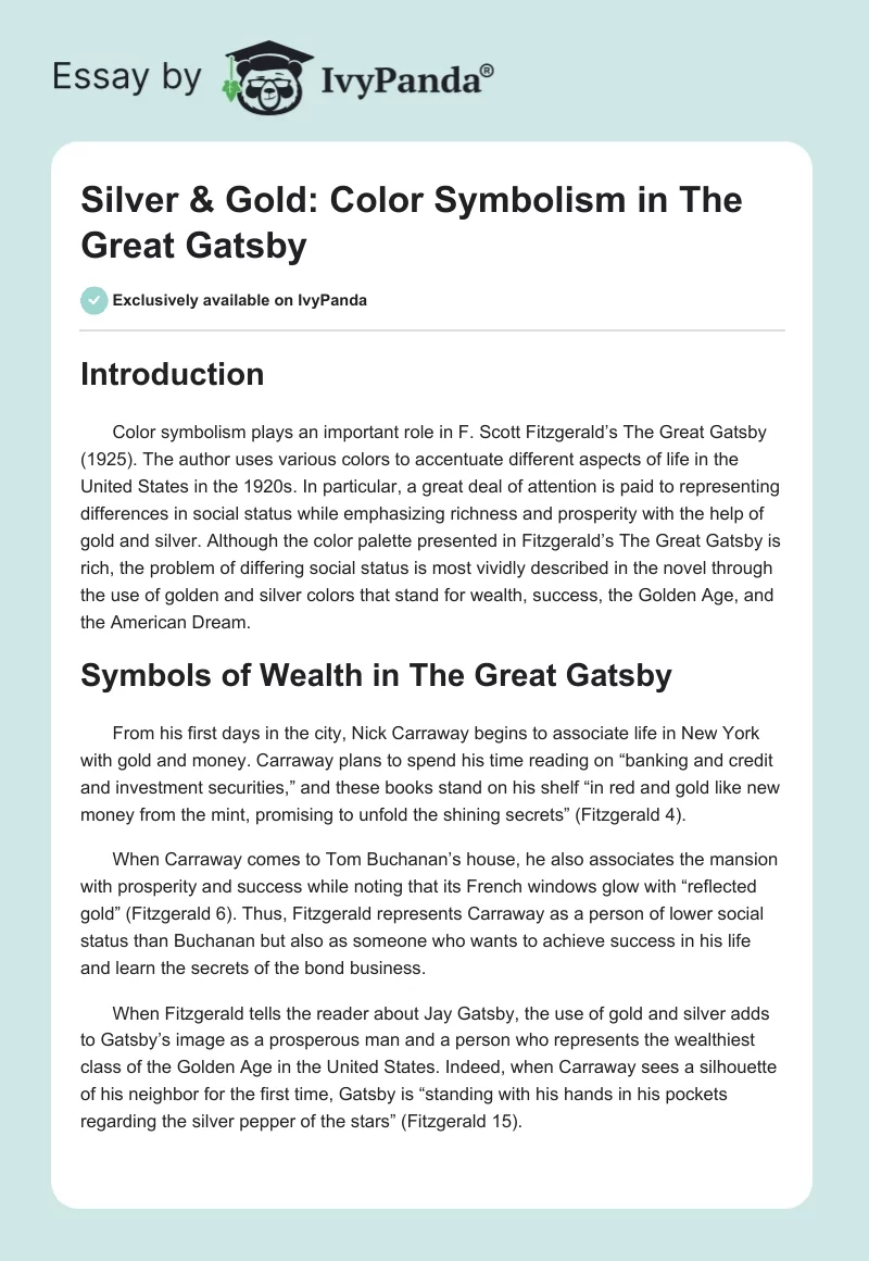 Silver & Gold: Color Symbolism in The Great Gatsby. Page 1