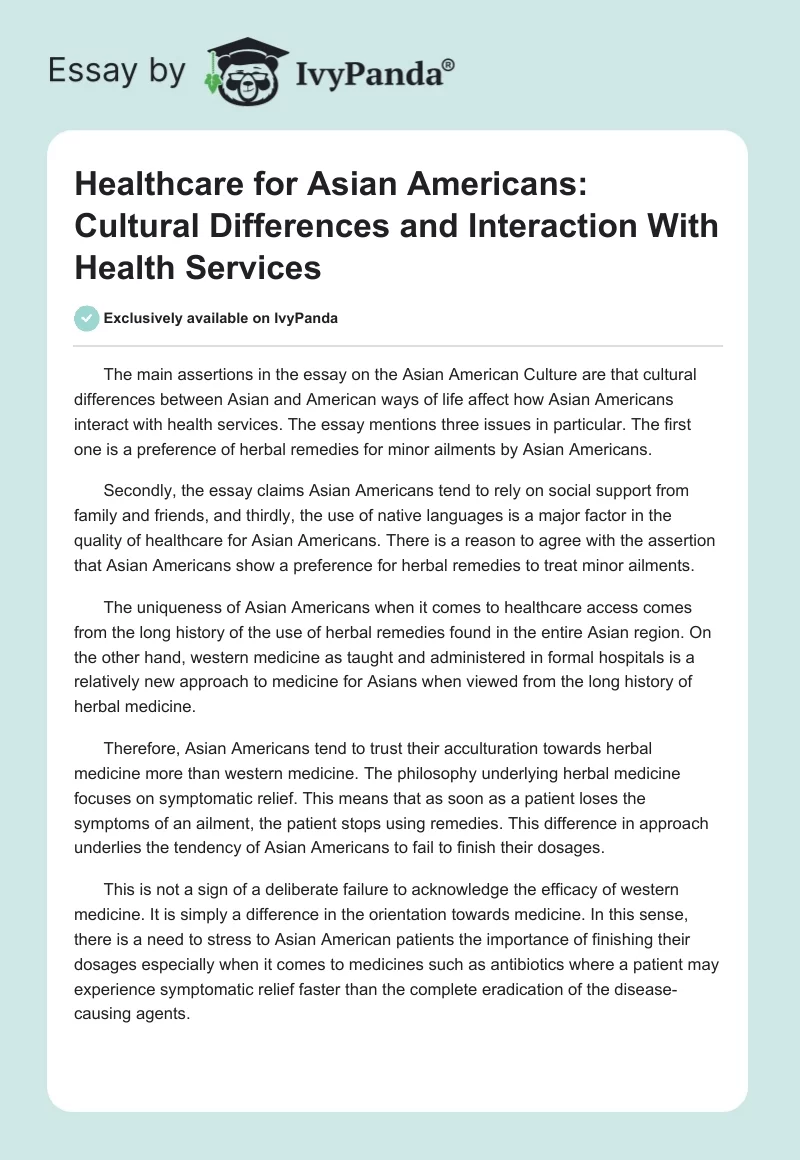 Healthcare for Asian Americans: Cultural Differences and Interaction With Health Services. Page 1
