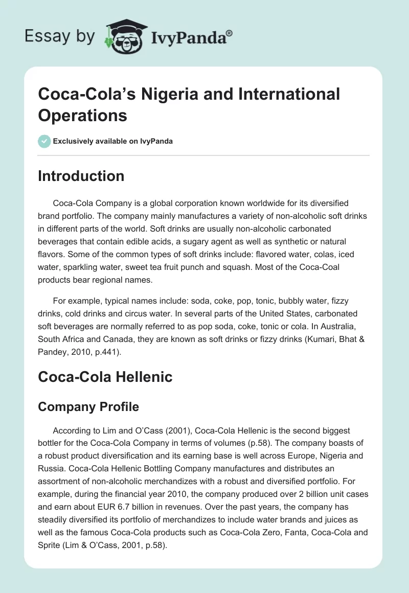 Coca-Cola’s Nigeria and International Operations. Page 1