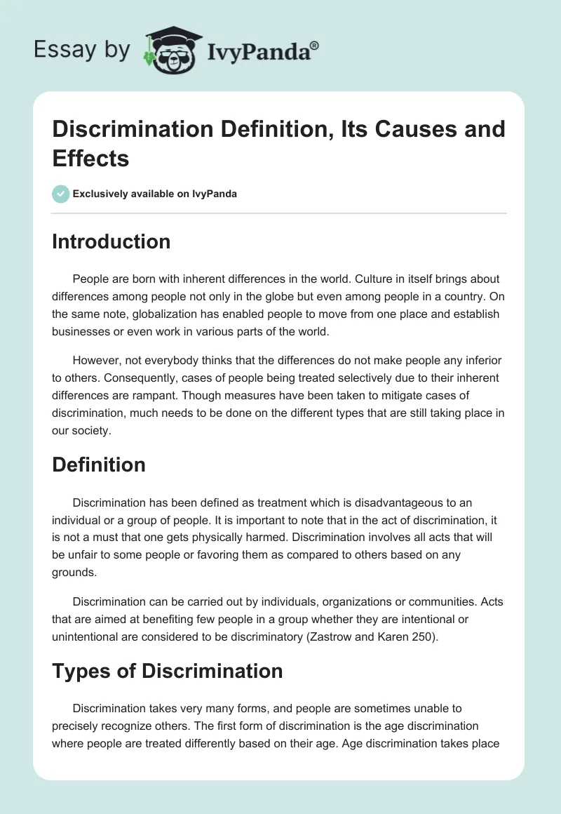 Discrimination Definition, Its Causes and Effects. Page 1