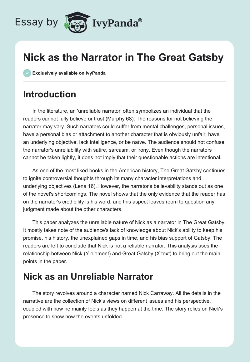 Nick as the Narrator in The Great Gatsby. Page 1