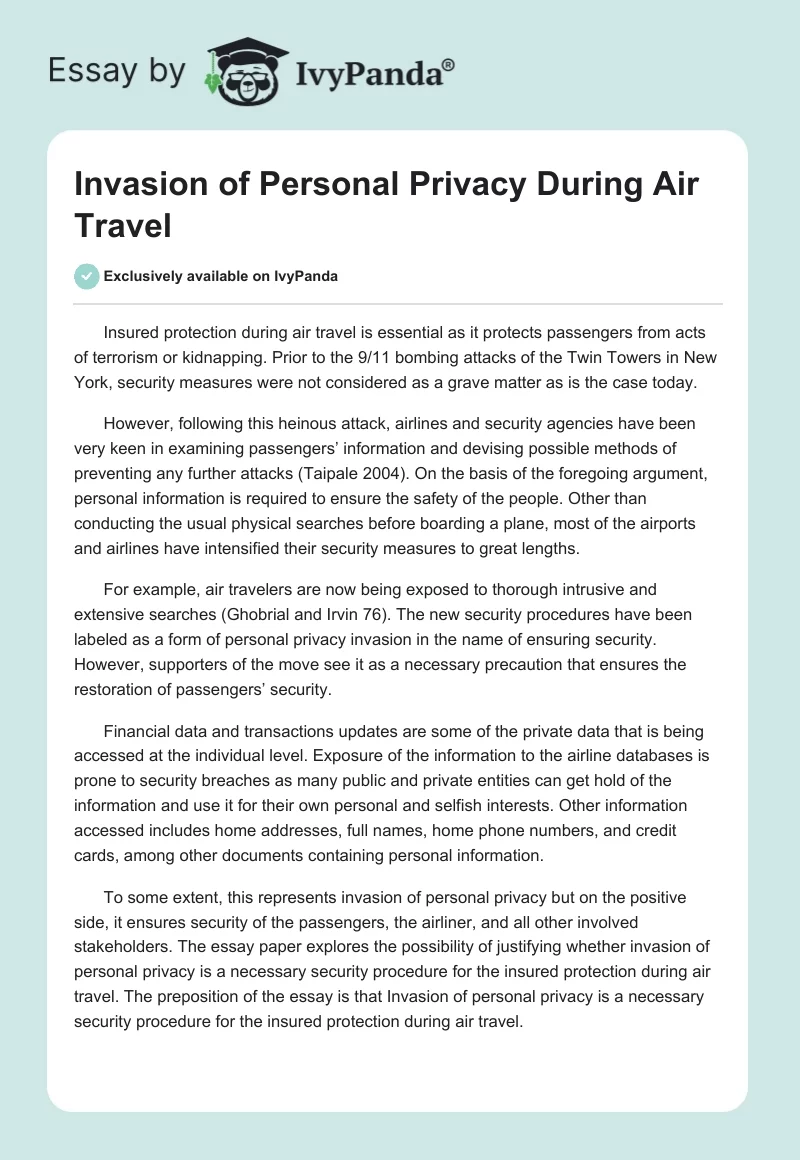 Invasion of Personal Privacy During Air Travel. Page 1
