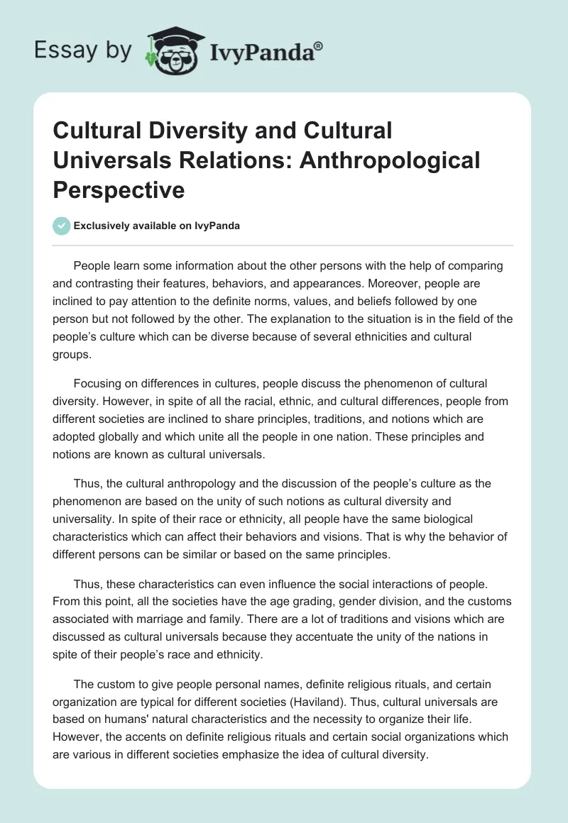 Cultural Diversity and Cultural Universals Relations: Anthropological Perspective. Page 1