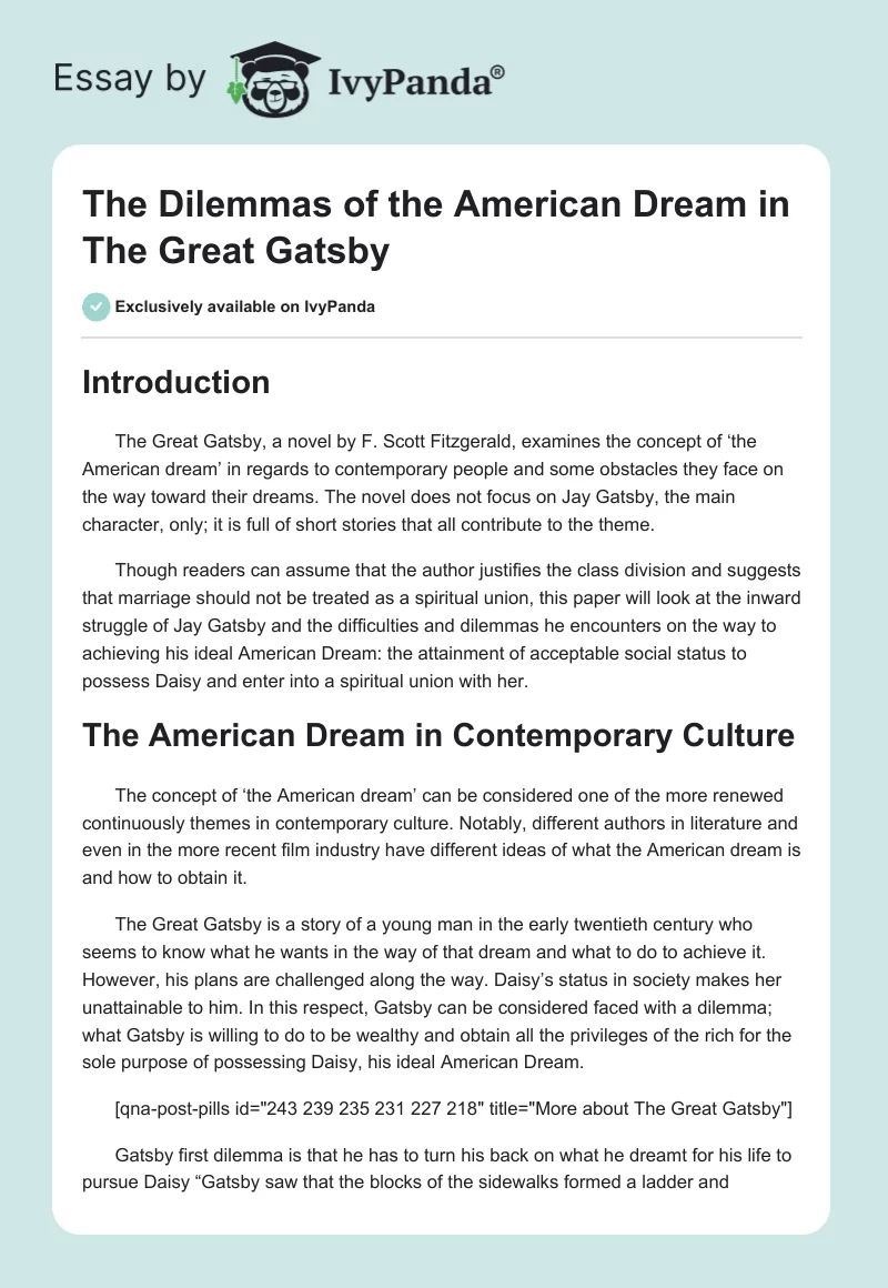 The Dilemmas of the American Dream in The Great Gatsby. Page 1