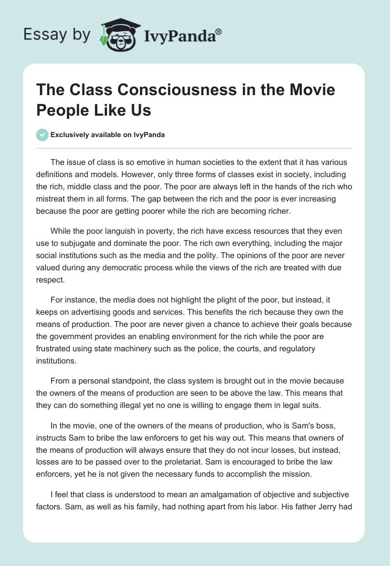 The Class Consciousness in the Movie "People Like Us". Page 1