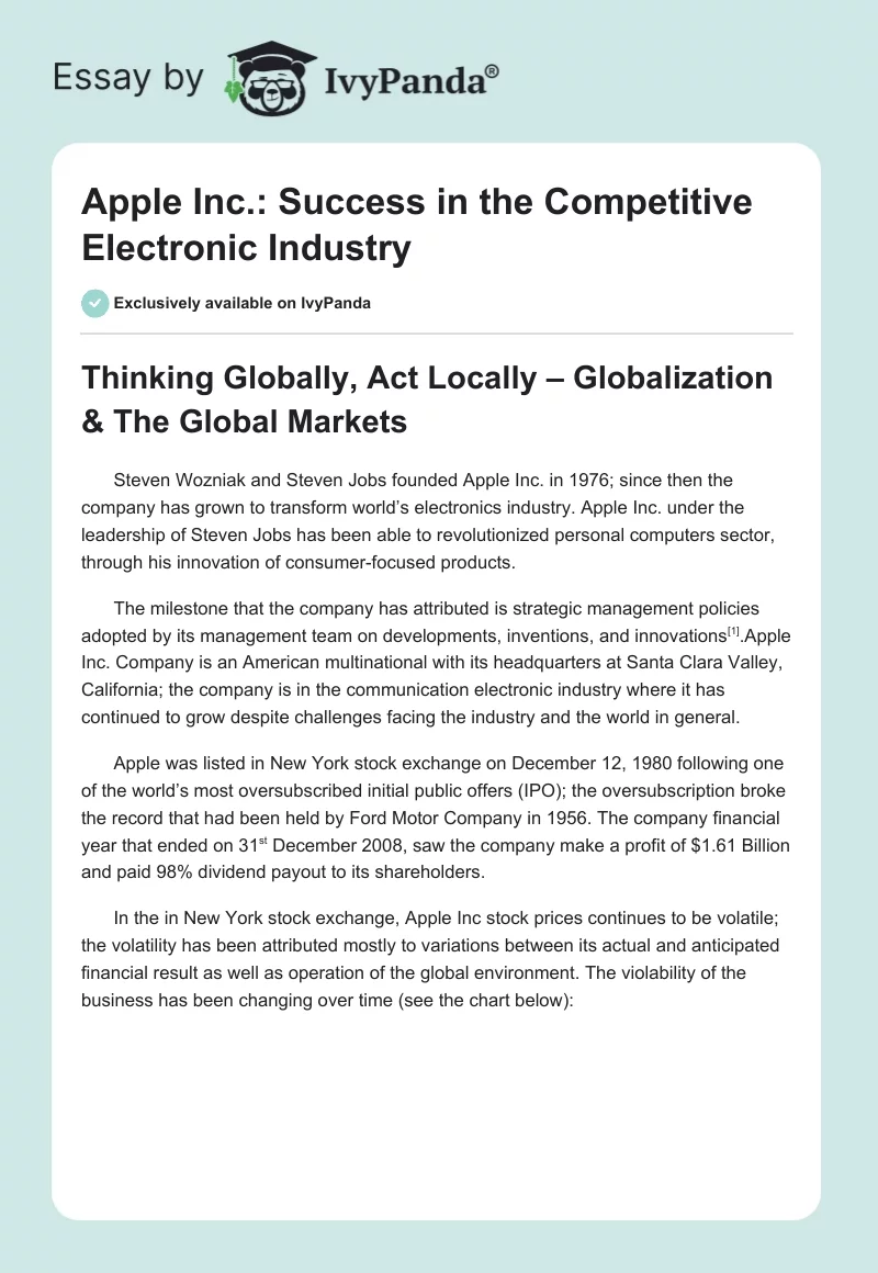 Apple Inc.: Success in the Competitive Electronic Industry. Page 1
