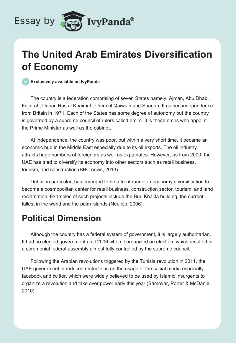 The United Arab Emirates Diversification of Economy. Page 1