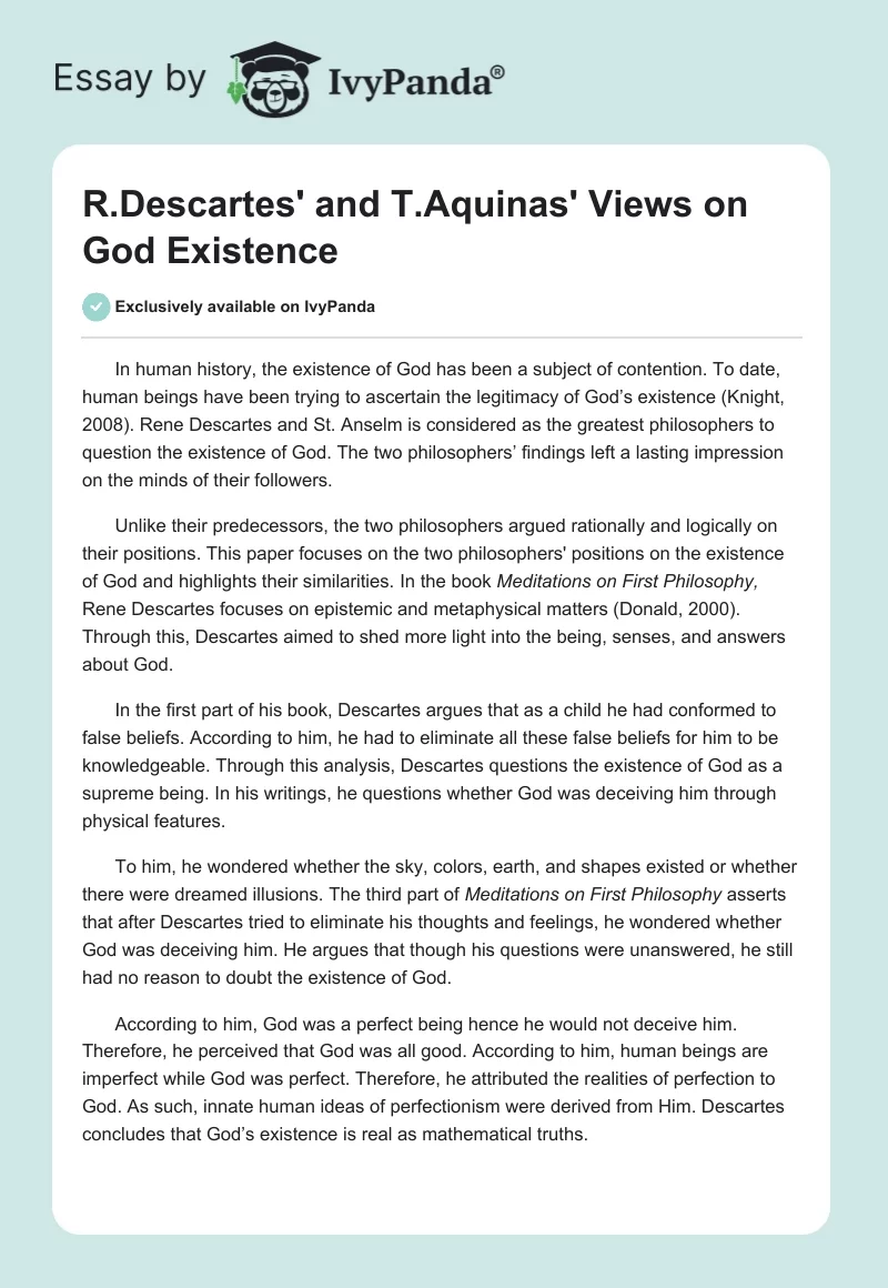 R.Descartes' and T.Aquinas' Views on God Existence. Page 1