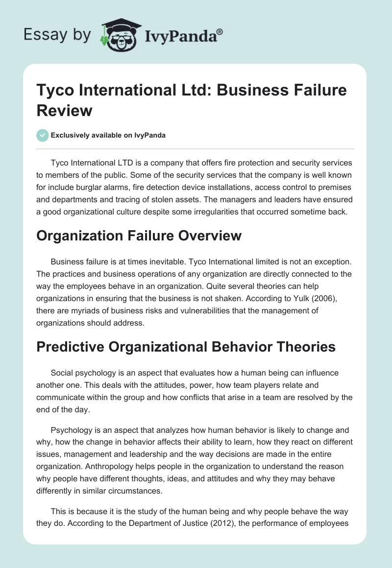 Tyco International Ltd: Business Failure Review. Page 1