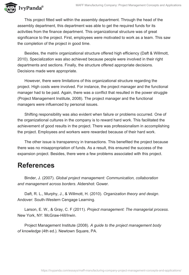 MAFF Manufacturing Company: Project Management Concepts and Applications. Page 2