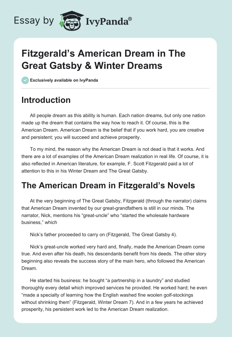 Fitzgerald’s American Dream in The Great Gatsby & Winter Dreams. Page 1