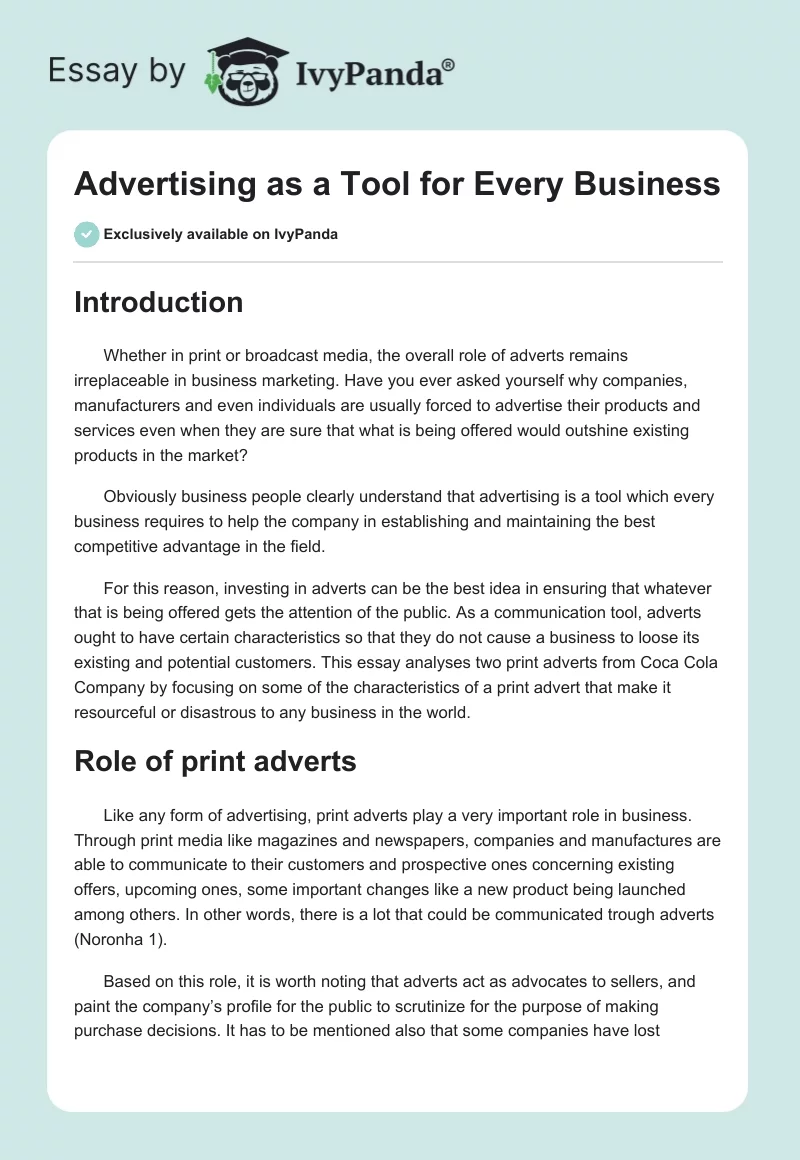 Advertising as a Tool for Every Business. Page 1