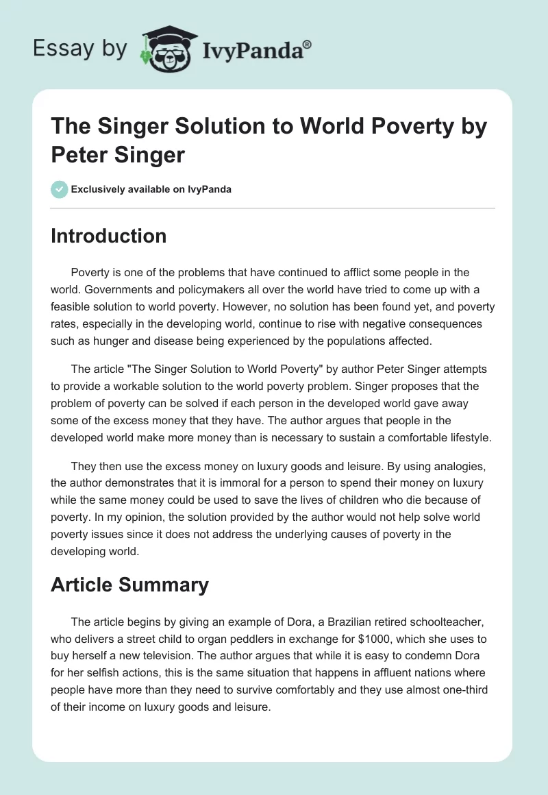 "The Singer Solution to World Poverty" by Peter Singer. Page 1