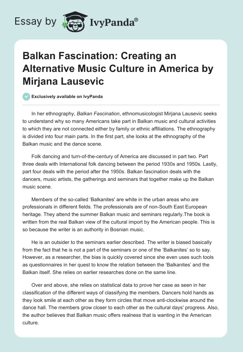 "Balkan Fascination: Creating an Alternative Music Culture in America" by Mirjana Lausevic. Page 1