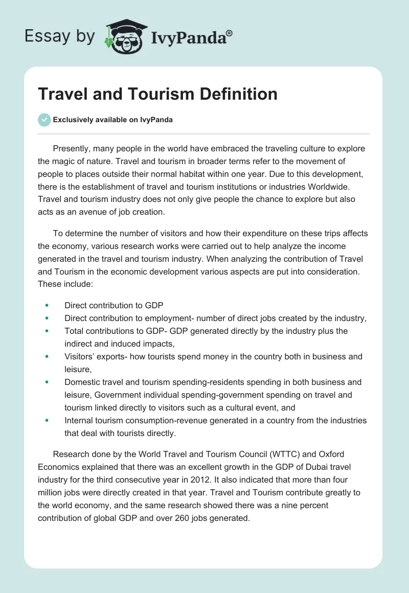 Travel and Tourism Definition. Page 1