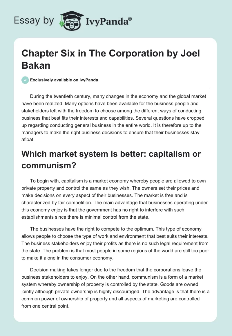 Chapter Six in "The Corporation" by Joel Bakan. Page 1