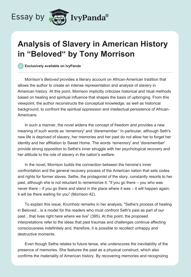 Analysis of Slavery in American History in “Beloved“ by Tony Morrison. Page 1