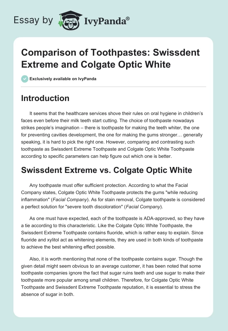 Comparison of Toothpastes: Swissdent Extreme and Colgate Optic White. Page 1