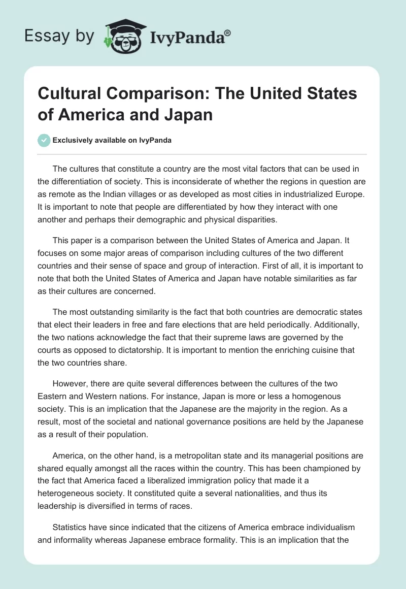 Cultural Comparison: The United States of America and Japan. Page 1