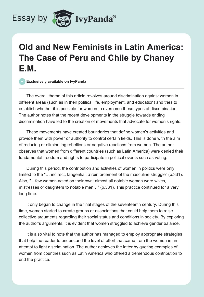 "Old and New Feminists in Latin America: The Case of Peru and Chile" by Chaney E.M.. Page 1