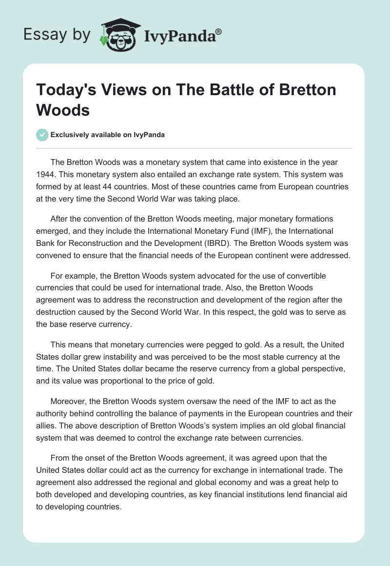 Today's Views on The Battle of Bretton Woods. Page 1
