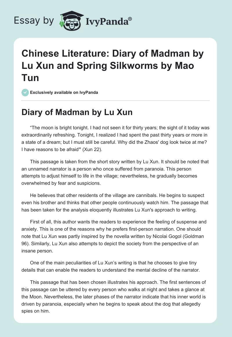 Chinese Literature: Diary of Madman by Lu Xun and Spring Silkworms by Mao Tun. Page 1