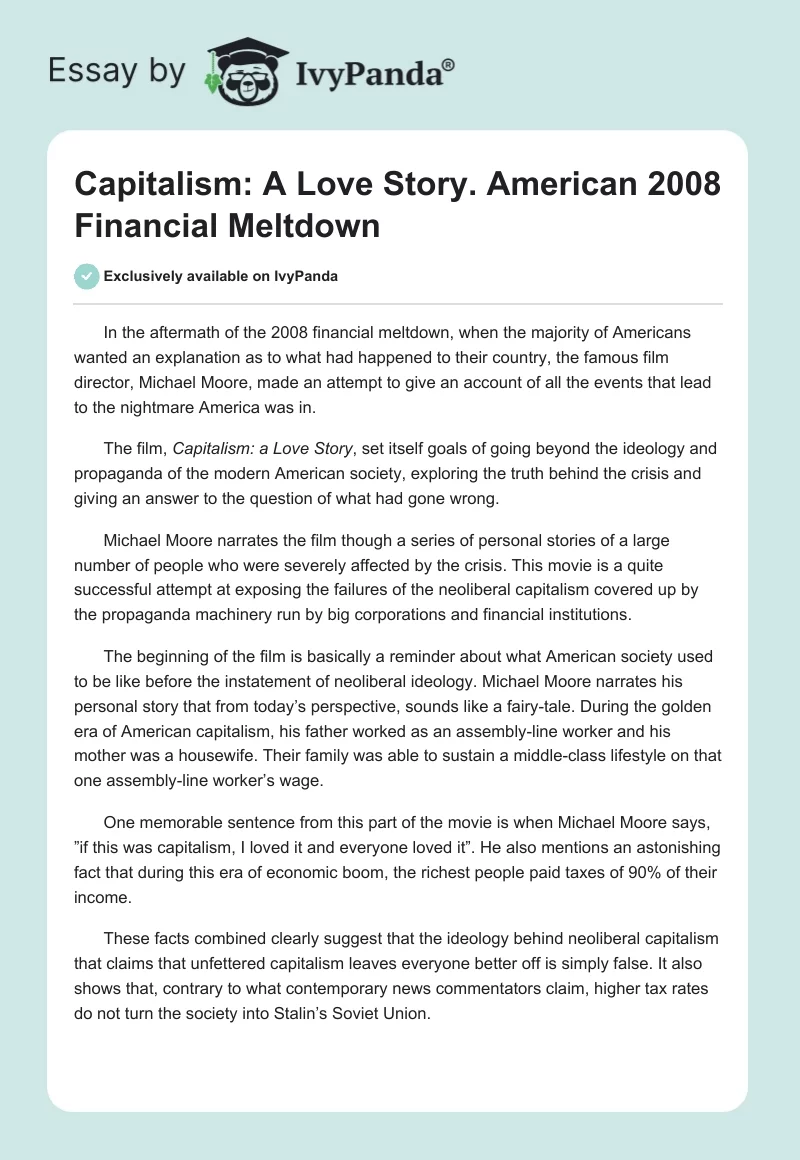 "Capitalism: A Love Story." American 2008 Financial Meltdown. Page 1