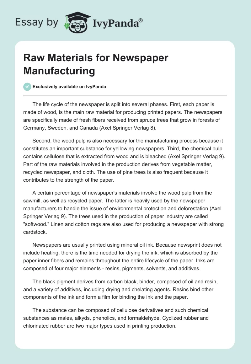 Raw Materials for Newspaper Manufacturing. Page 1