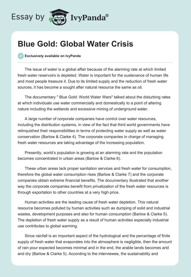 Blue Gold: Global Water Crisis. Page 1