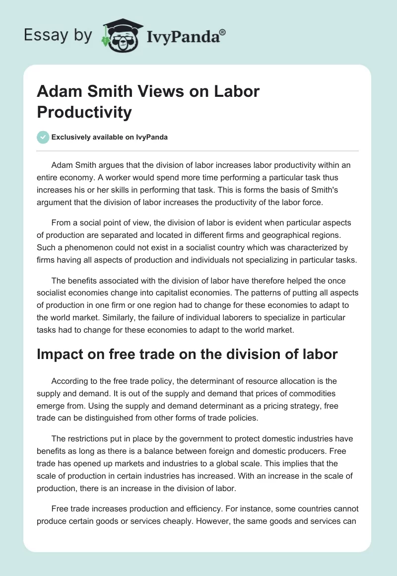 Adam Smith Views on Labor Productivity. Page 1