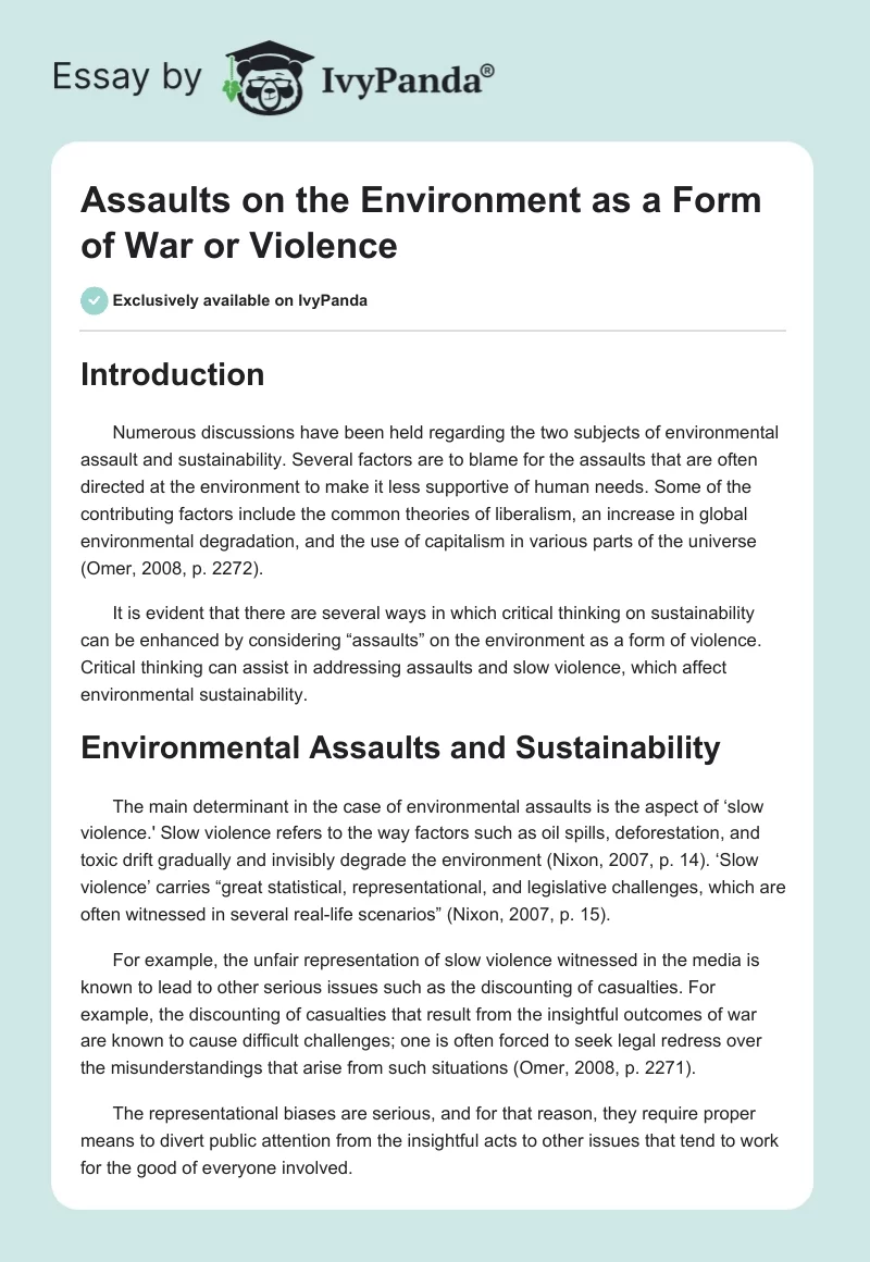 Assaults on the Environment as a Form of War or Violence. Page 1