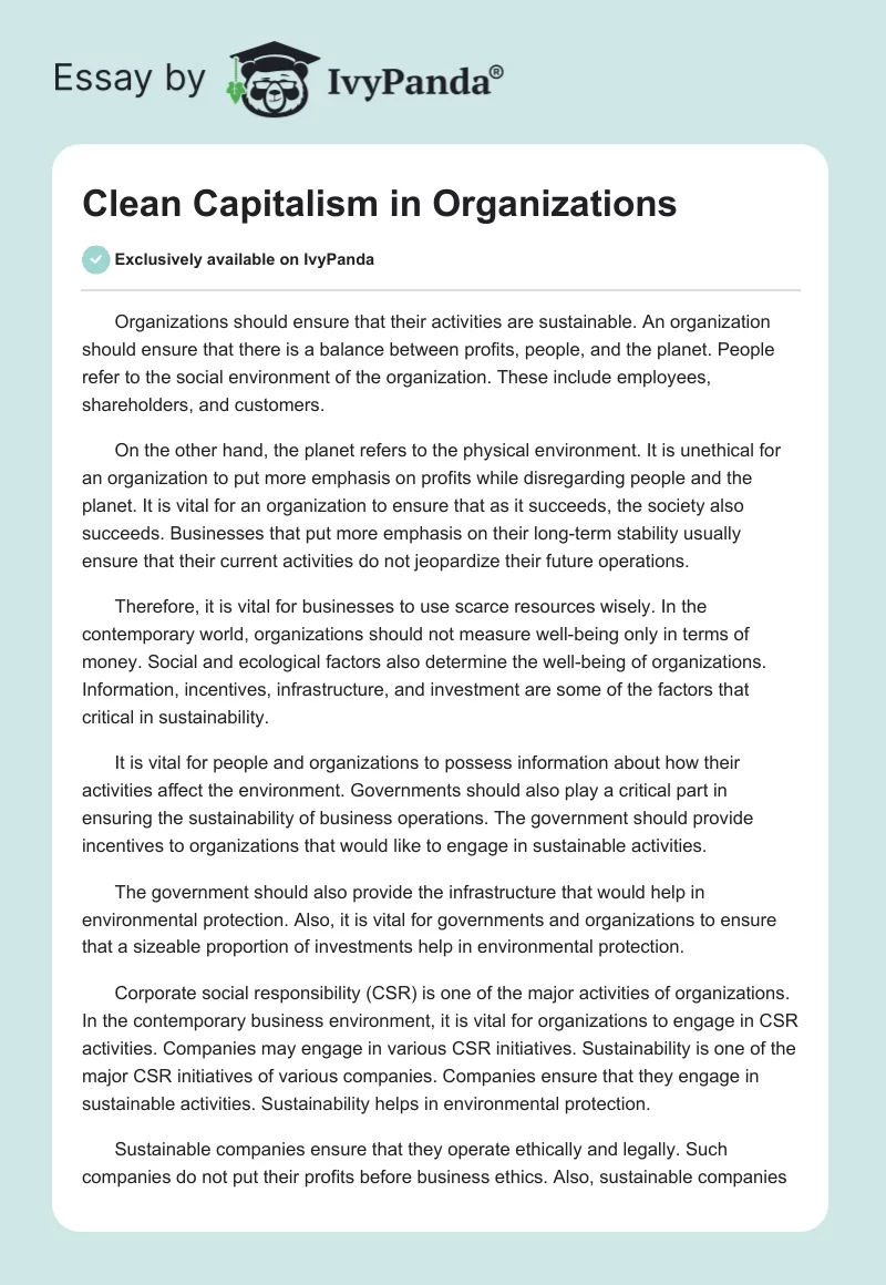 Clean Capitalism in Organizations. Page 1