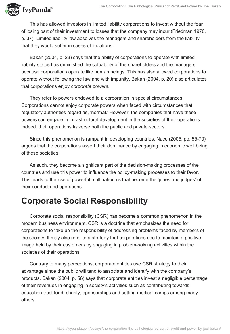 "The Corporation: The Pathological Pursuit of Profit and Power" by Joel Bakan. Page 4