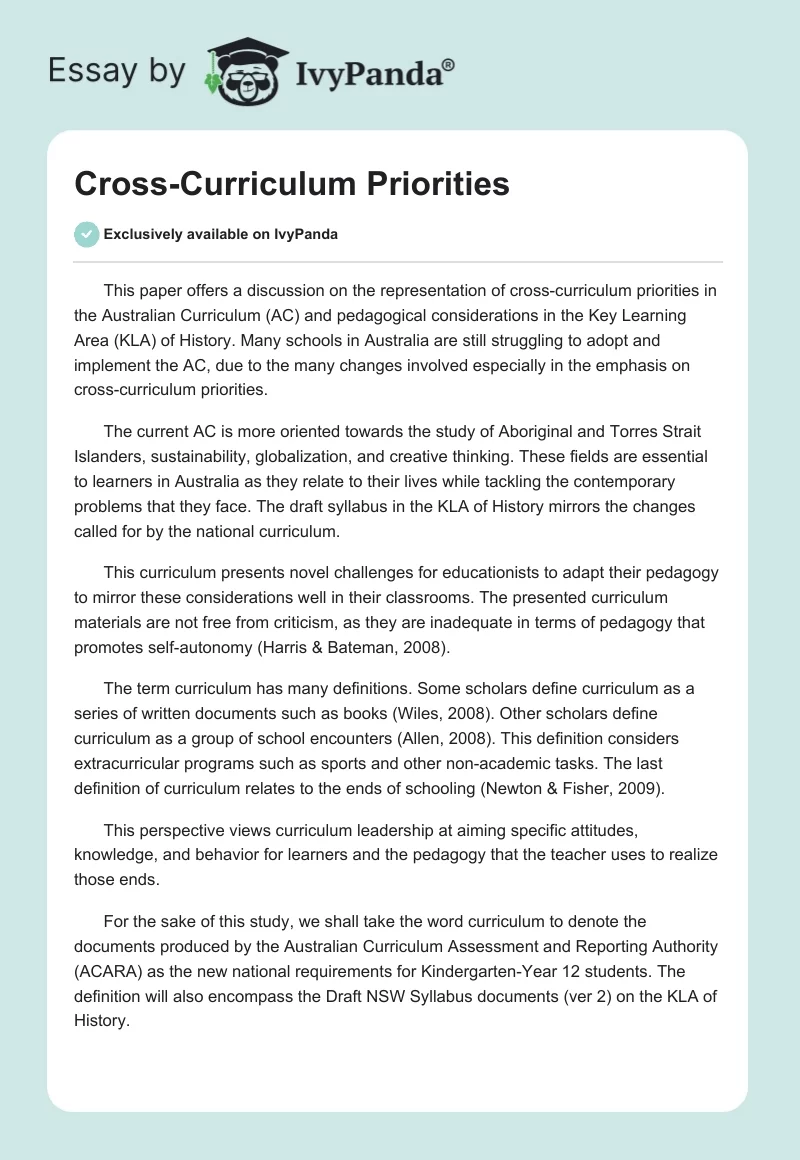 Cross-Curriculum Priorities. Page 1