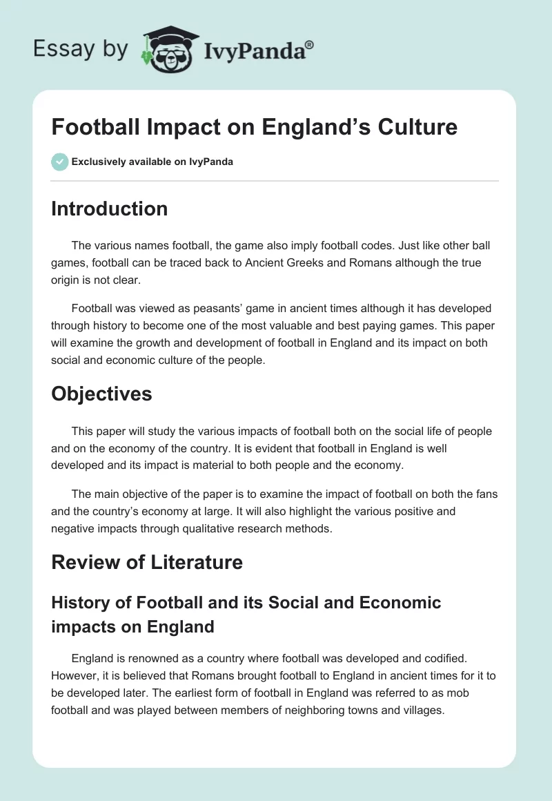 Football Impact on England’s Culture. Page 1