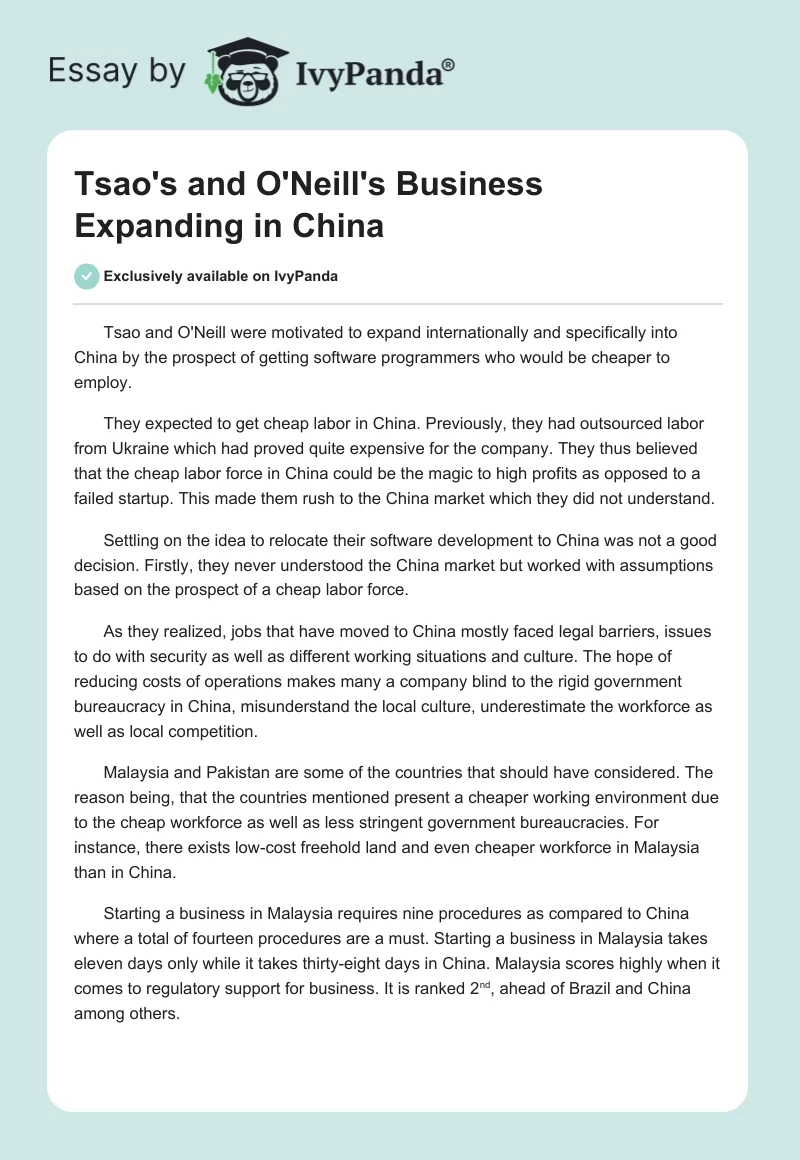 Tsao's and O'Neill's Business Expanding in China. Page 1