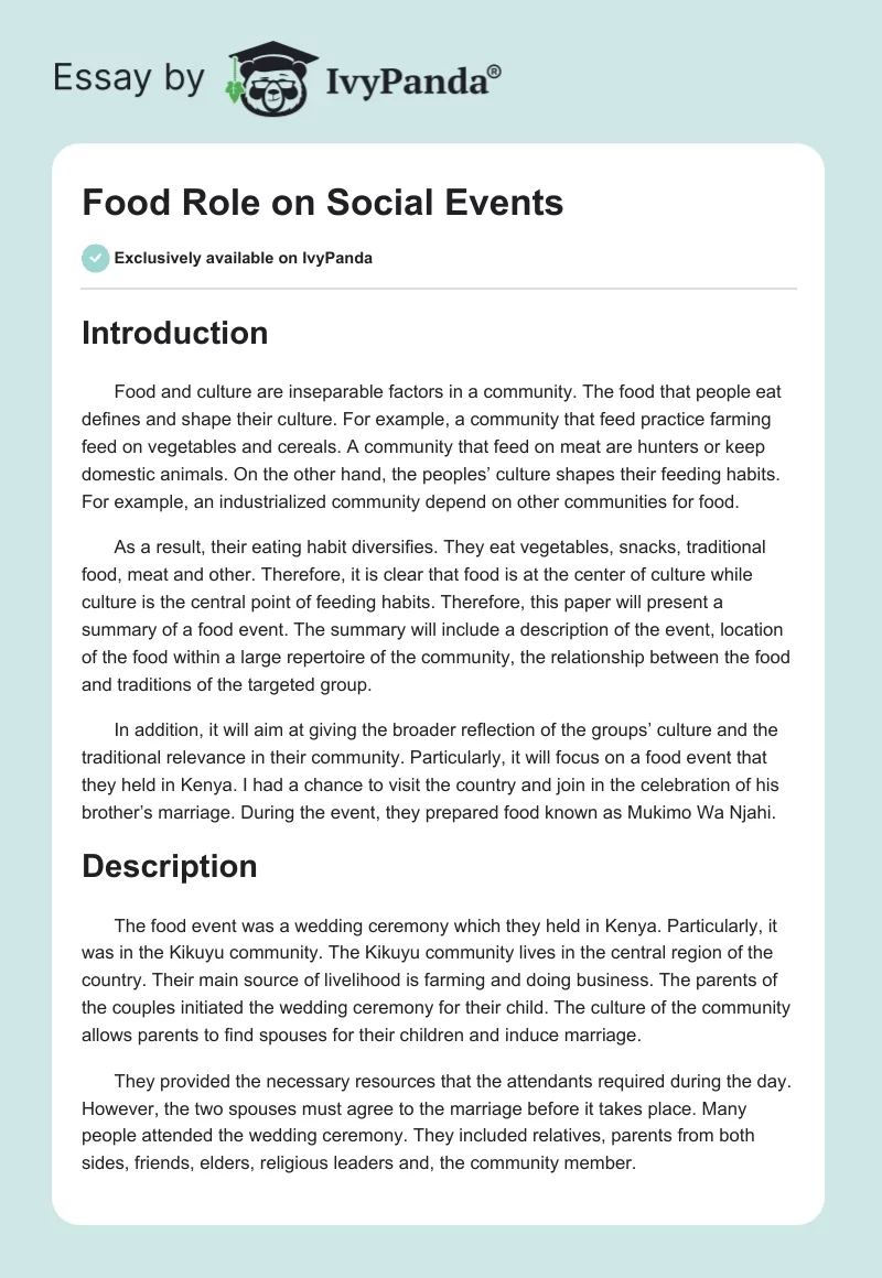 Food Role on Social Events. Page 1