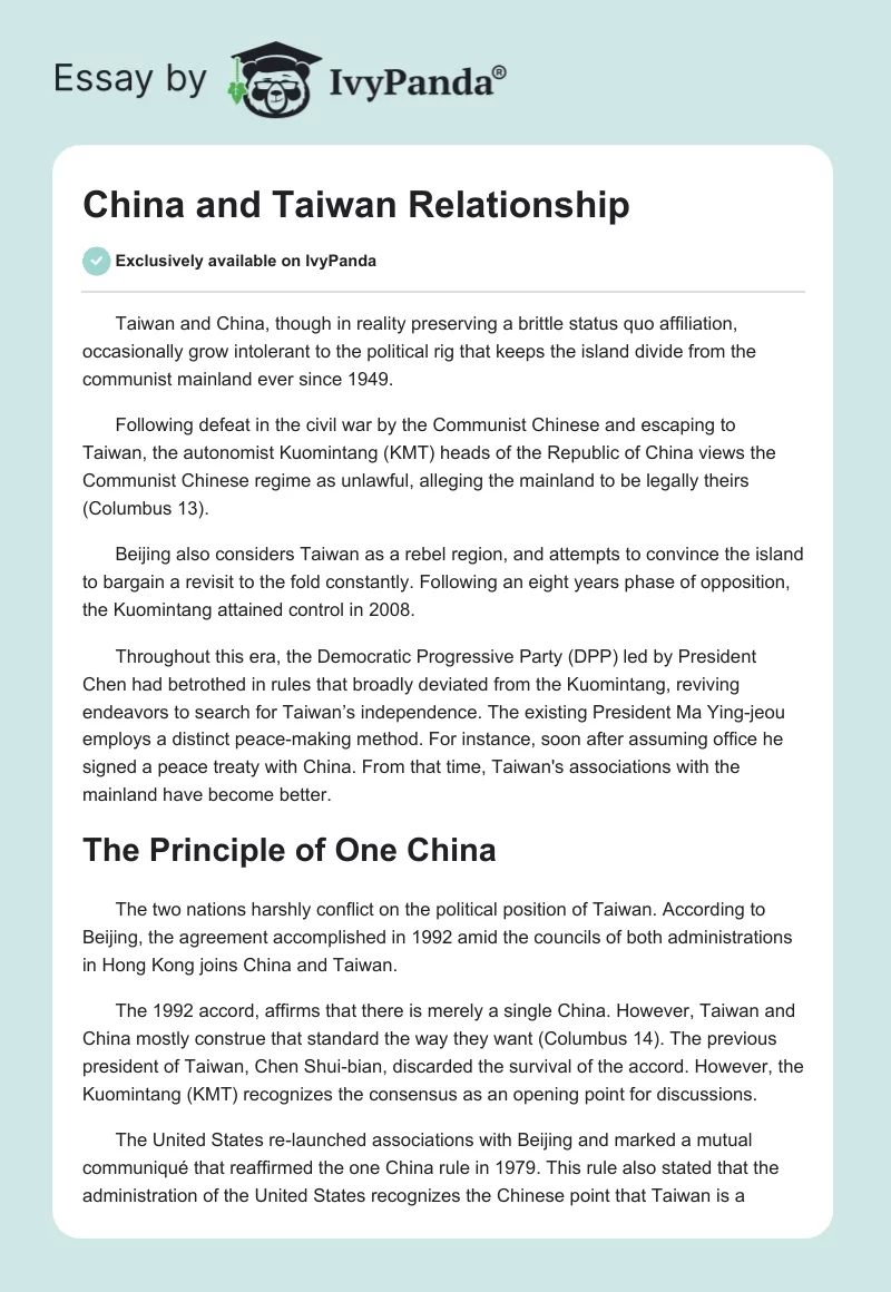 China and Taiwan Relationship. Page 1