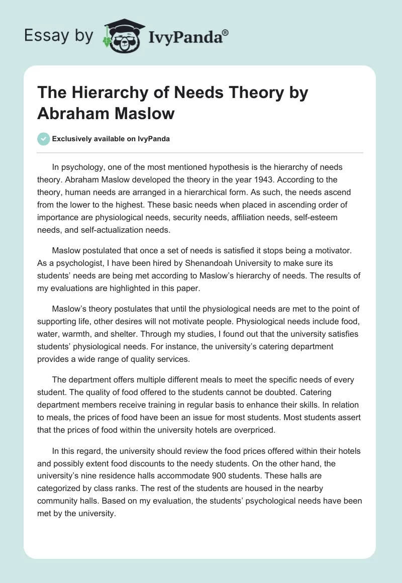 The Hierarchy of Needs Theory by Abraham Maslow. Page 1