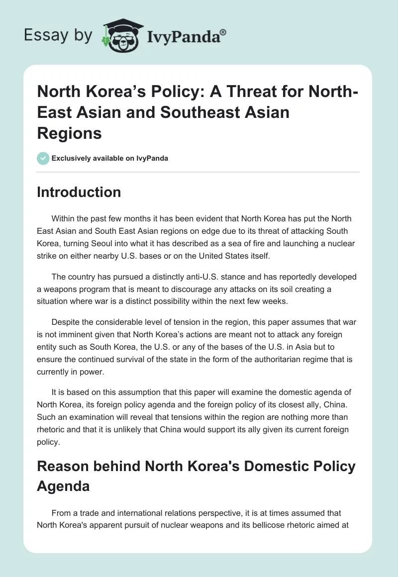 North Korea’s Policy: A Threat for North-East Asian and Southeast Asian Regions. Page 1