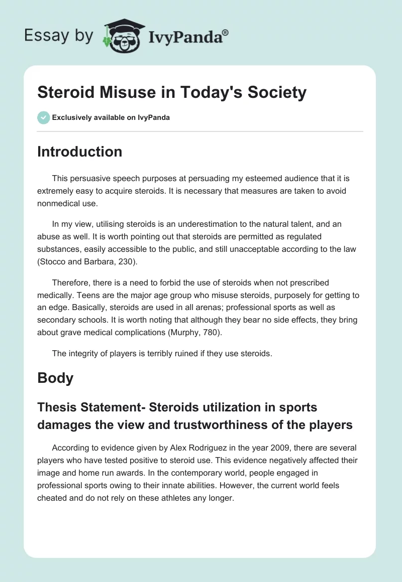 Steroid Misuse in Today's Society. Page 1