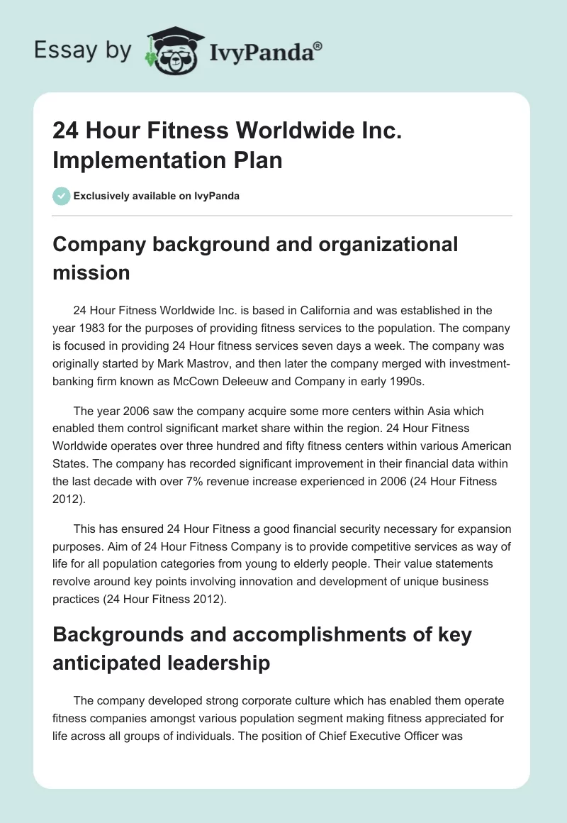 24 Hour Fitness Worldwide Inc. Implementation Plan. Page 1