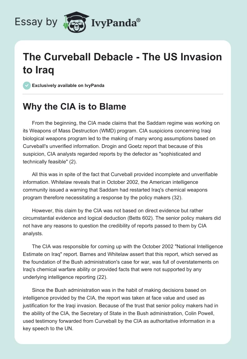 The Curveball Debacle - The US Invasion to Iraq. Page 1