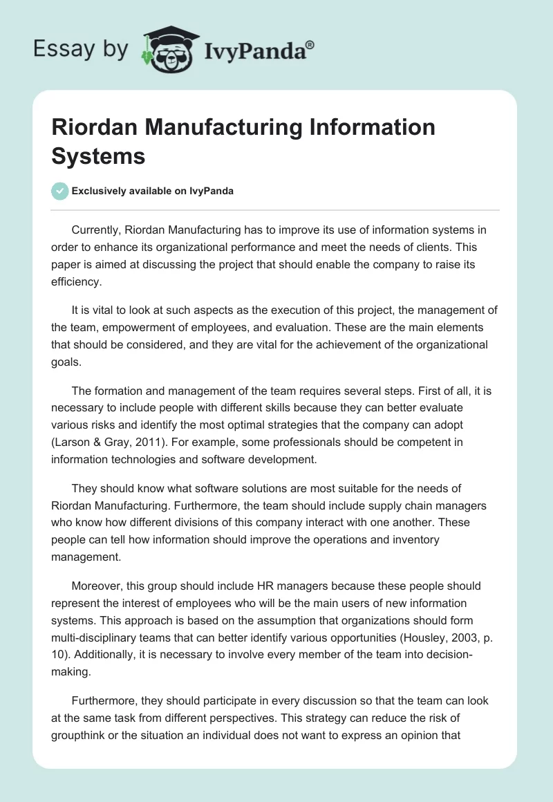 Riordan Manufacturing Information Systems. Page 1