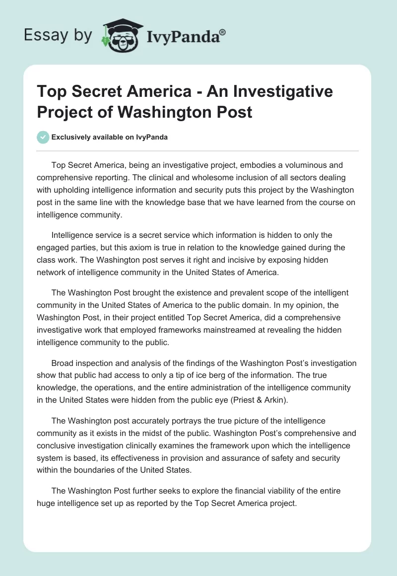Top Secret America - An Investigative Project of Washington Post. Page 1