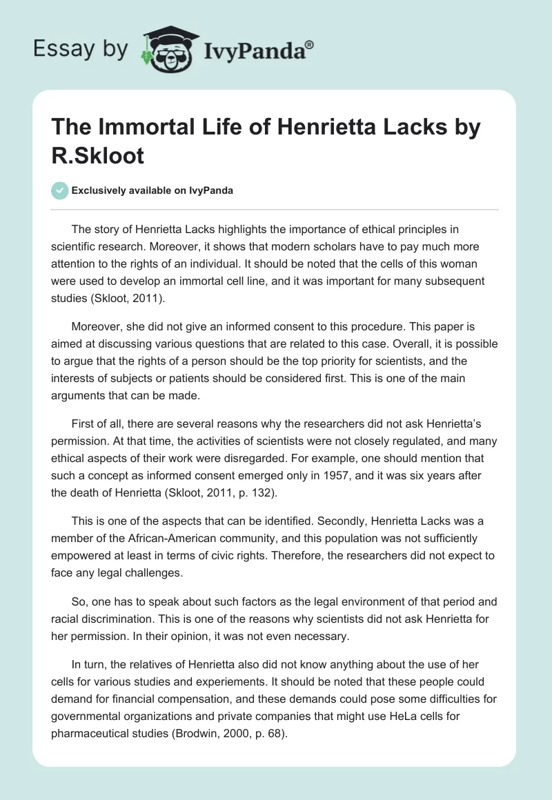 "The Immortal Life of Henrietta Lacks" by R.Skloot. Page 1